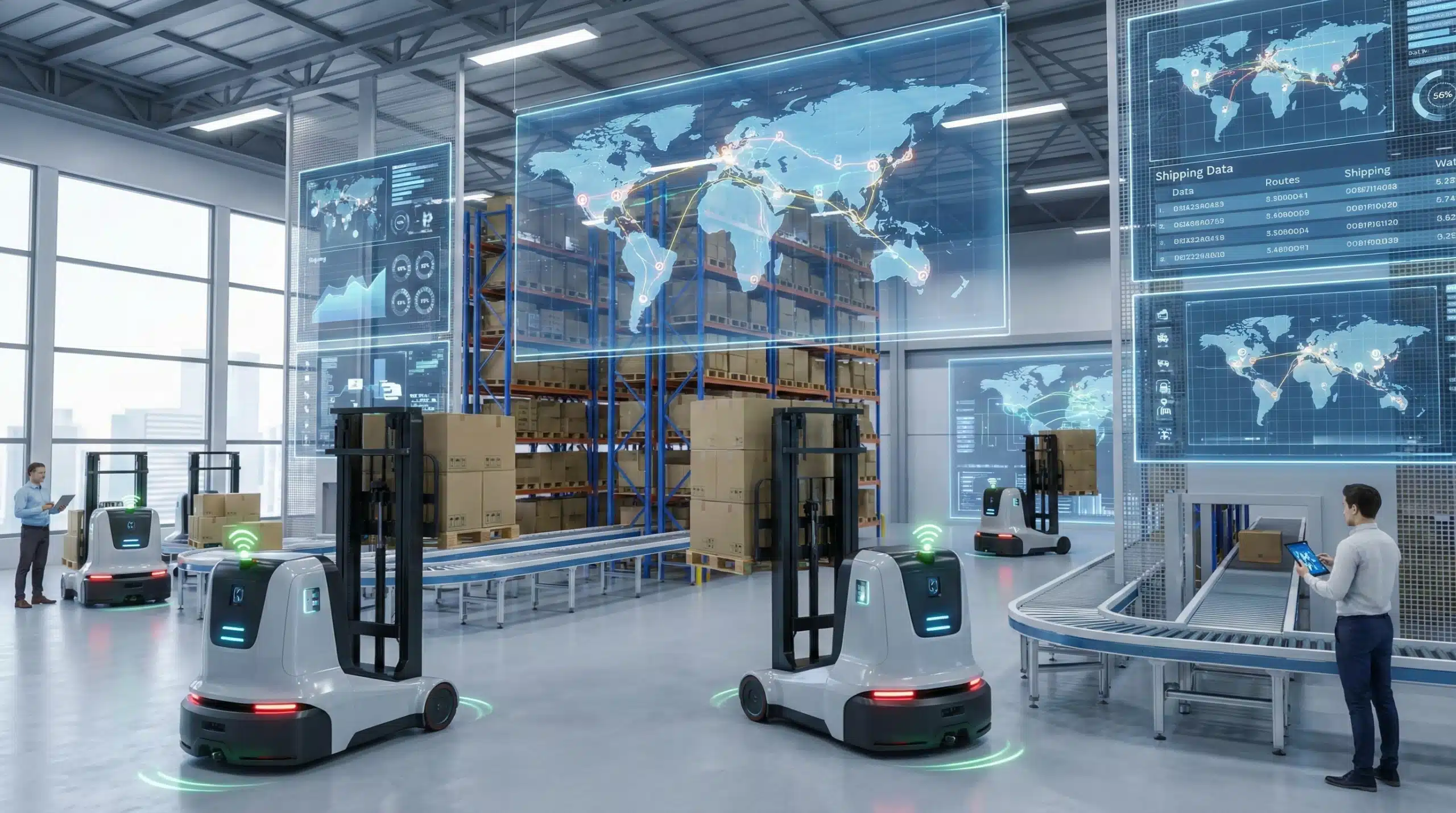 Modern supply chain warehouse with robotic forklifts and digital transportation maps enhancing visibility.