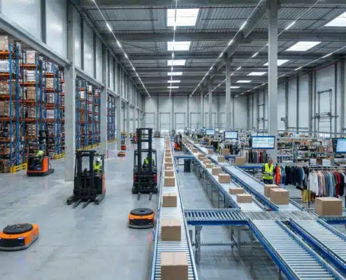 Modern 3PL warehouse with robotic forklifts and IoT-enabled conveyor systems managing diverse inventory.
