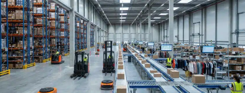 Modern 3PL warehouse with robotic forklifts and IoT-enabled conveyor systems managing diverse inventory.
