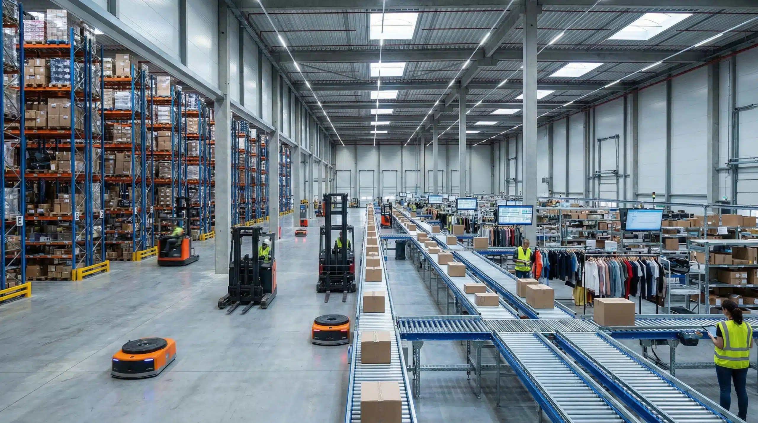 Modern 3PL warehouse with robotic forklifts and IoT-enabled conveyor systems managing diverse inventory.