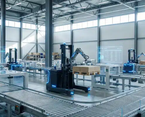 Robotic forklifts and conveyor belts manage inventory in a technologically advanced warehouse.