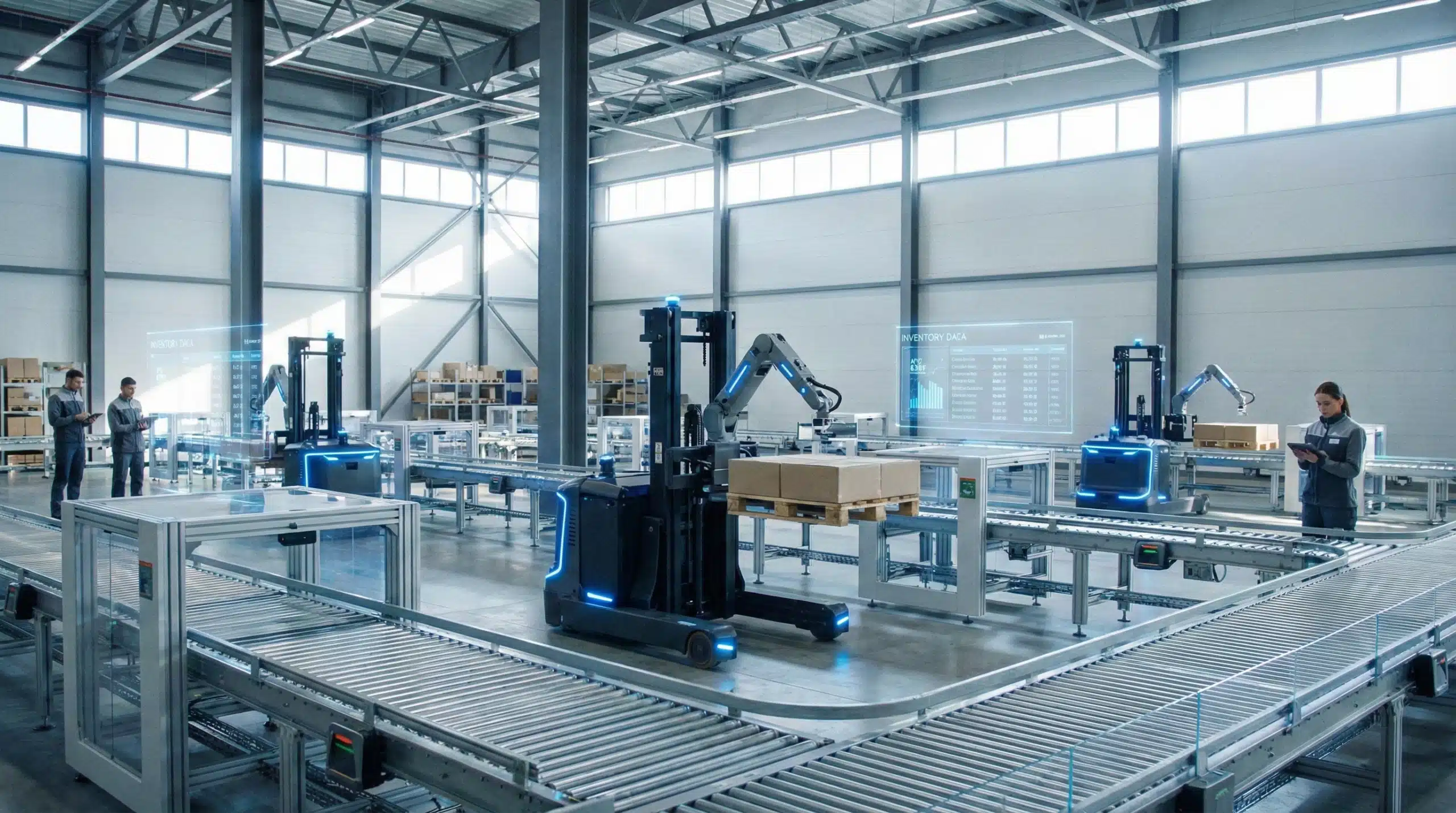 Robotic forklifts and conveyor belts manage inventory in a technologically advanced warehouse.