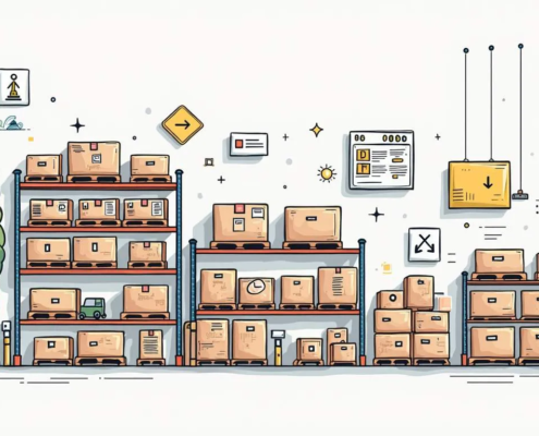 illustration of racks of boxes with warehouse labels