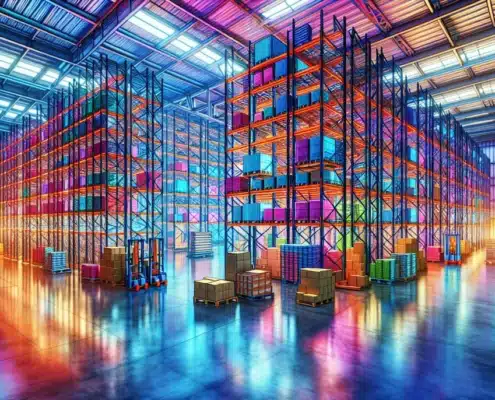 multi-colored illustration of warehouse shelving inside large facility