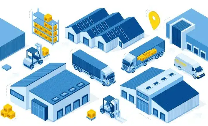 trucks, forklifts, racks, and buildings showing inventory management across multiple warehouse locations