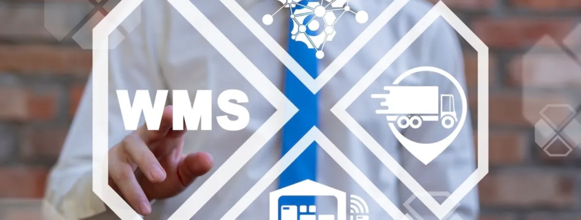 WMS warehouse management system interface with logistics icons and businessman interaction