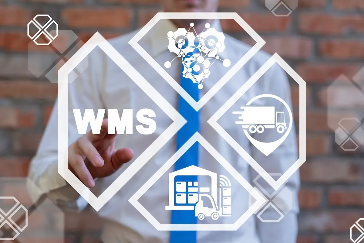 WMS warehouse management system interface with logistics icons and businessman interaction