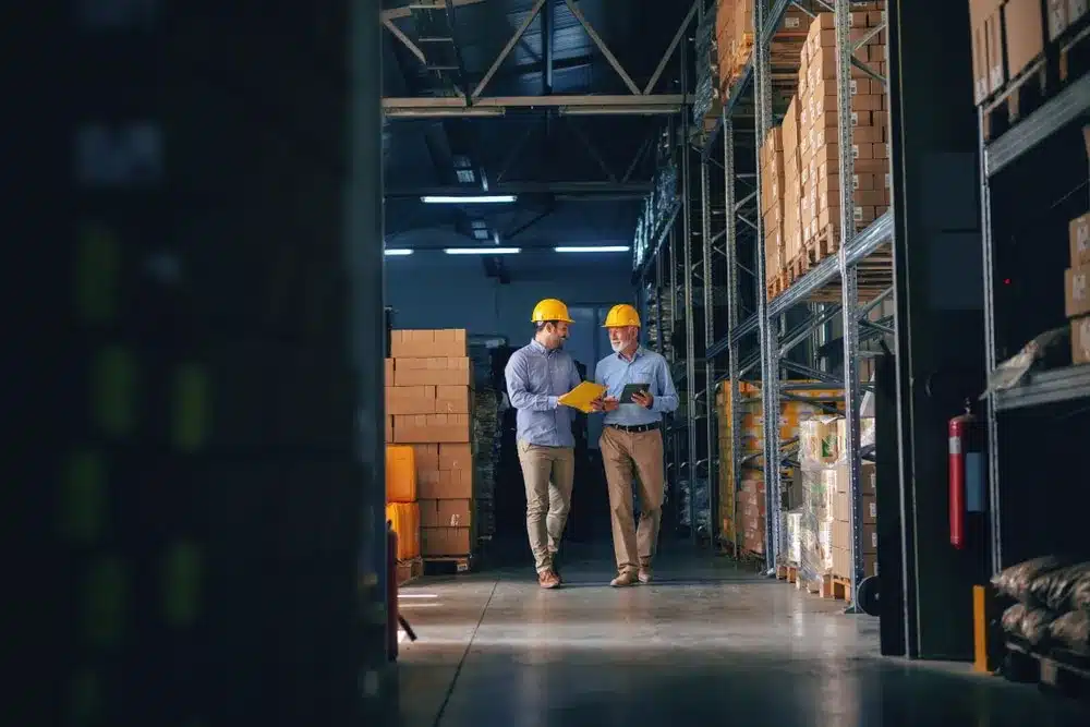 2 men walking through a warehouse