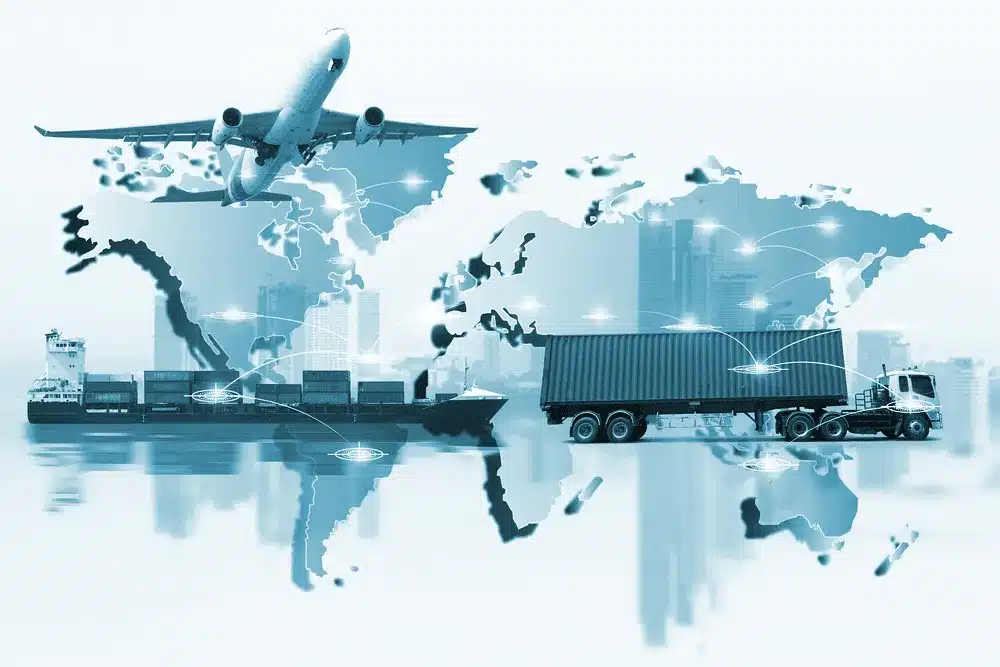 shipping by plane, ship, truck and world map in background