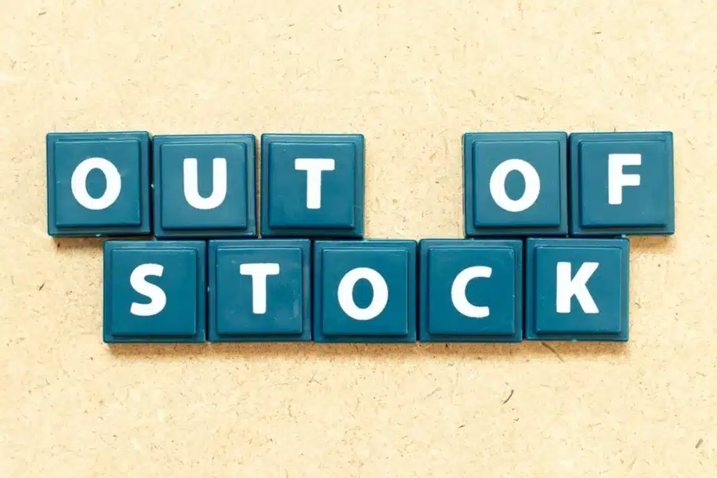 out of stock spelled out with letter tiles