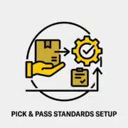 Yellow warehouse pick and pass standards setup process icon with hand, package, gear and checklist