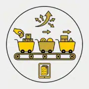 Warehouse pick and pass process icon with conveyor belt and sorting system