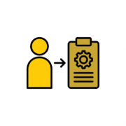 Warehouse management icon showing person with gear clipboard for picking process