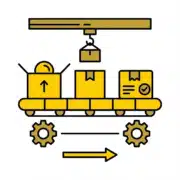 Yellow warehouse automation icon showing conveyor belt with packages and overhead crane system