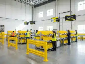 Warehouse workers in high-visibility vests using pick-and-pass workstations with yellow conveyor systems