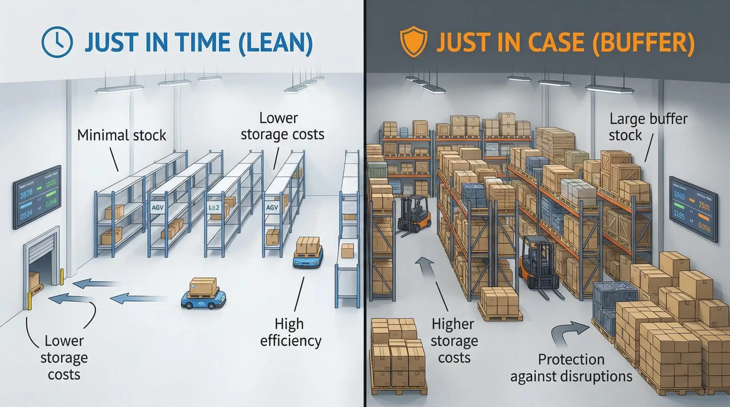 Just in time versus just in case inventory management comparison showing lean and stocked warehouse
