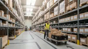 Wide warehouse aisle with worker and shelving