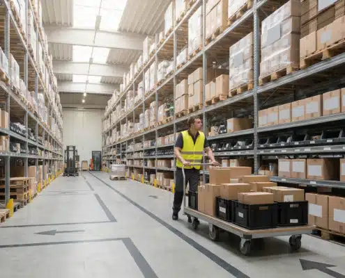 Wide warehouse aisle with worker and shelving