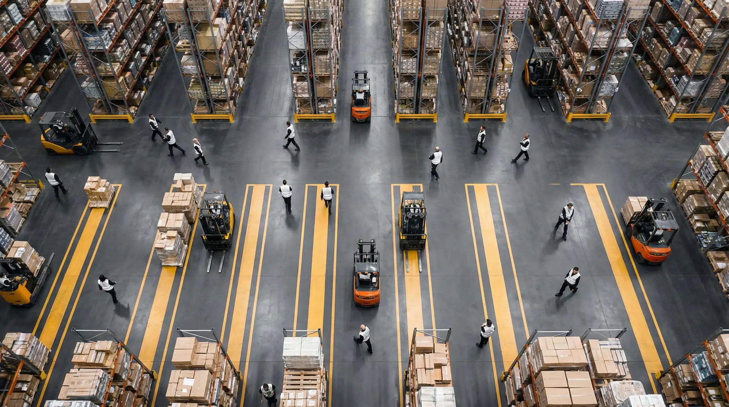 Warehouse floor with forklifts and aisles.