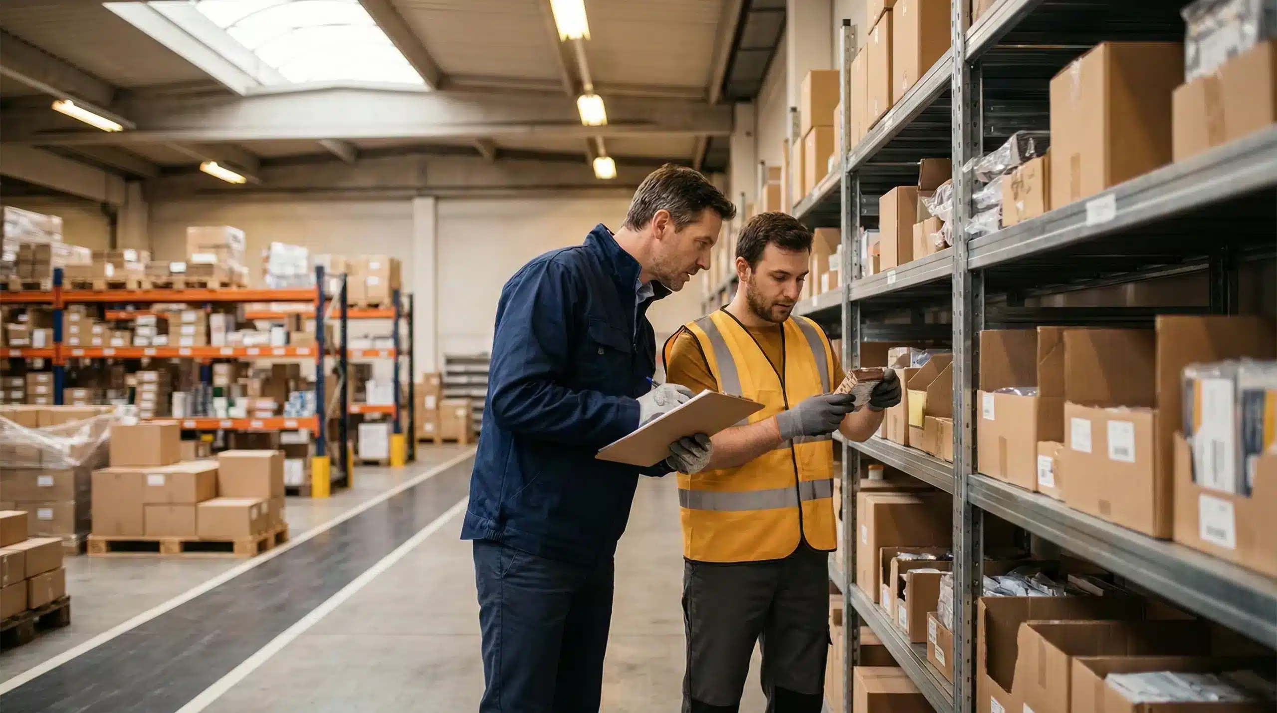 Warehouse worker and supervisor reviewing inventory data