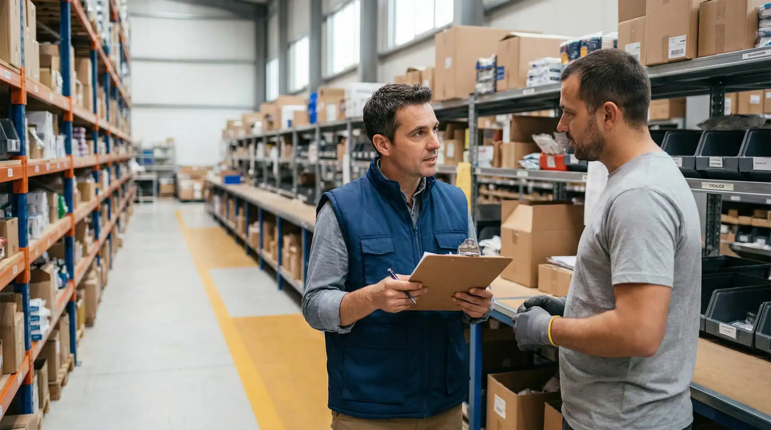 Warehouse supervisor coordinating with team member