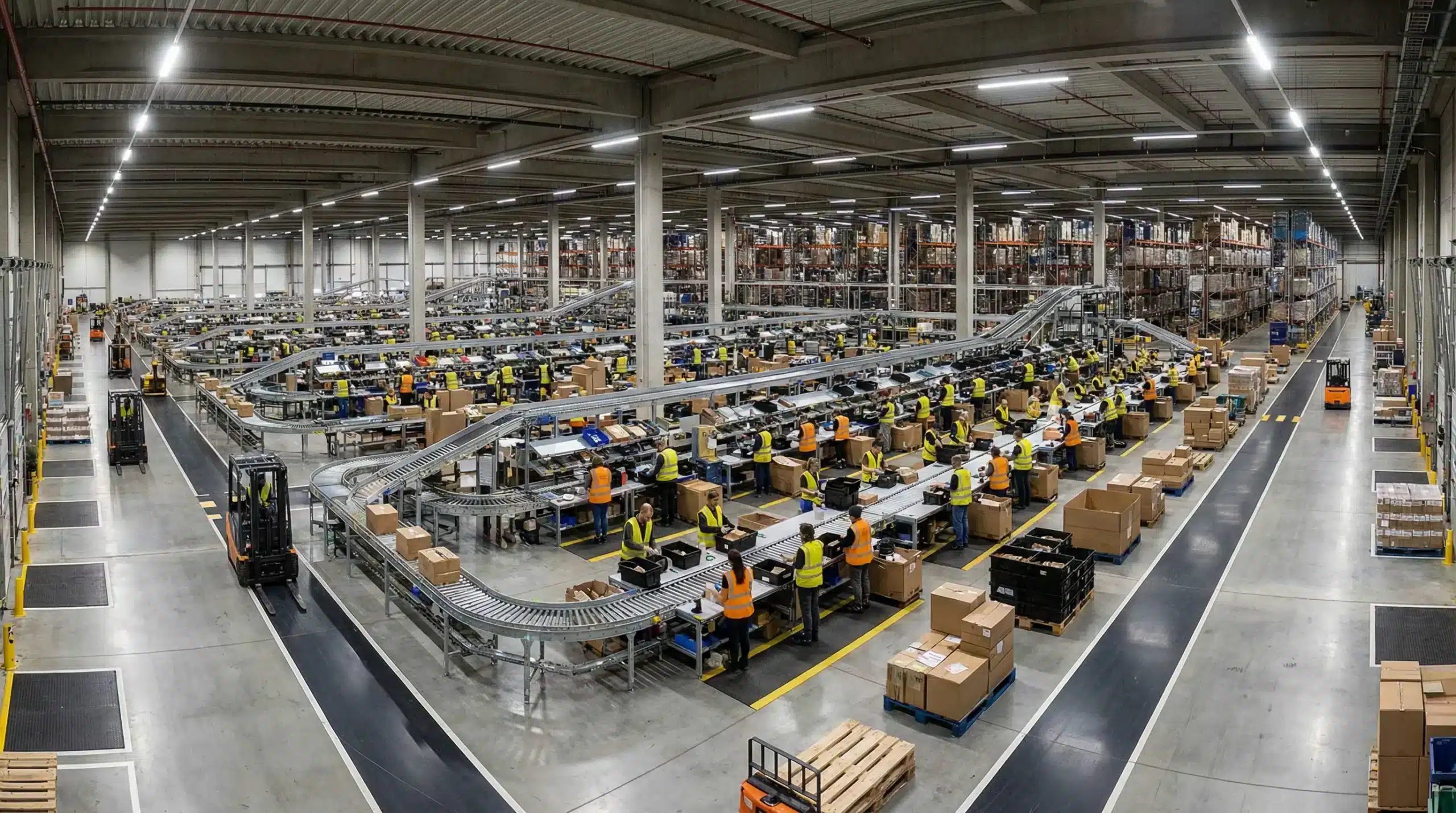 Wide shot of distribution center operations