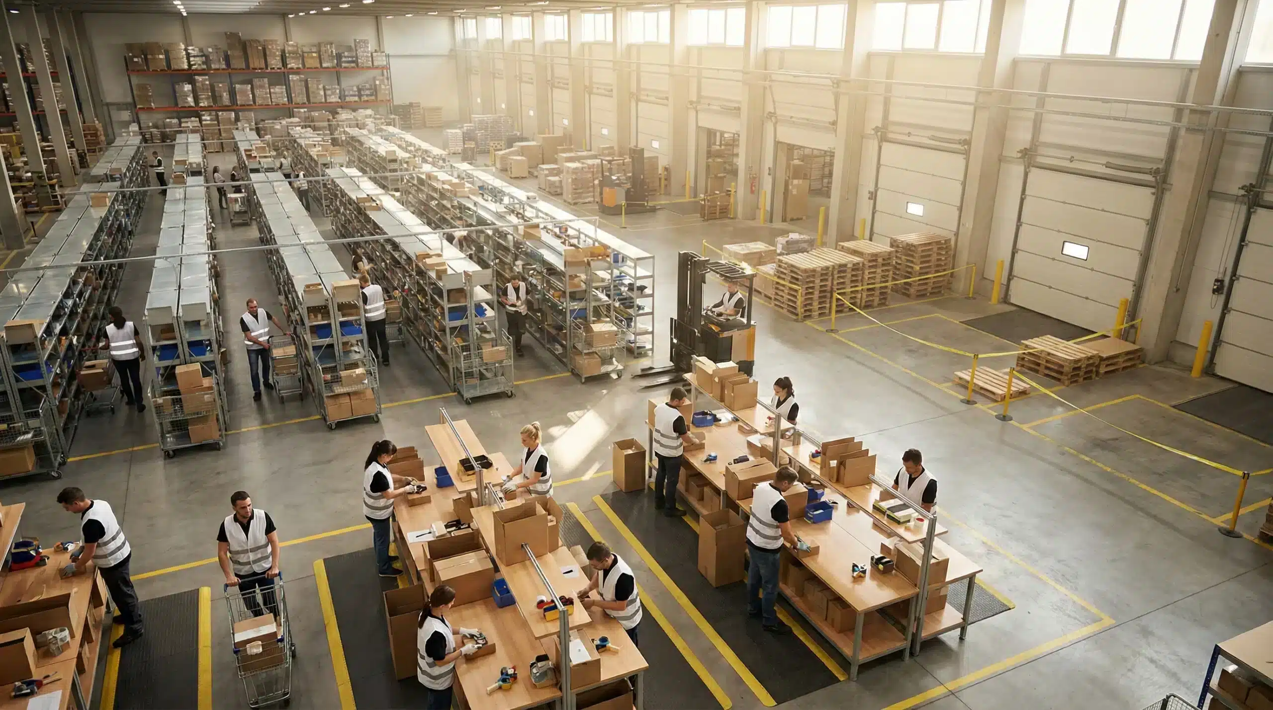 Aerial view of organized warehouse floor
