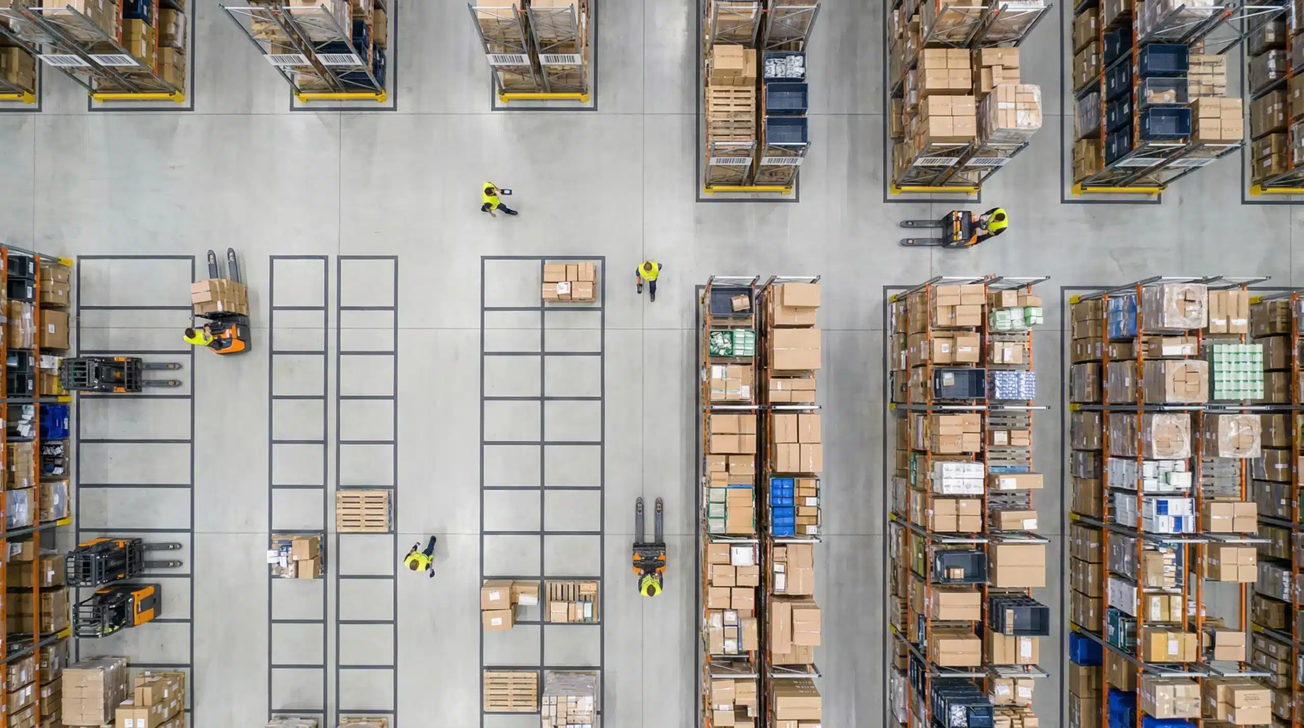 Aerial view of organized warehouse with labeled aisles