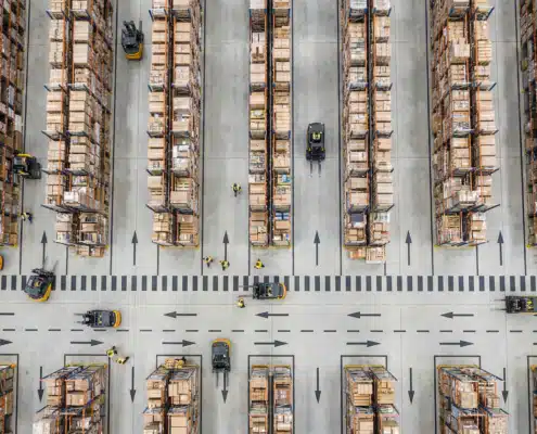 Aerial view of organized warehouse floor