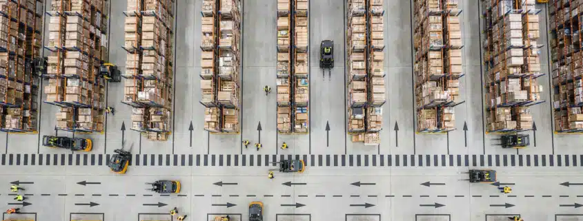 Aerial view of organized warehouse floor
