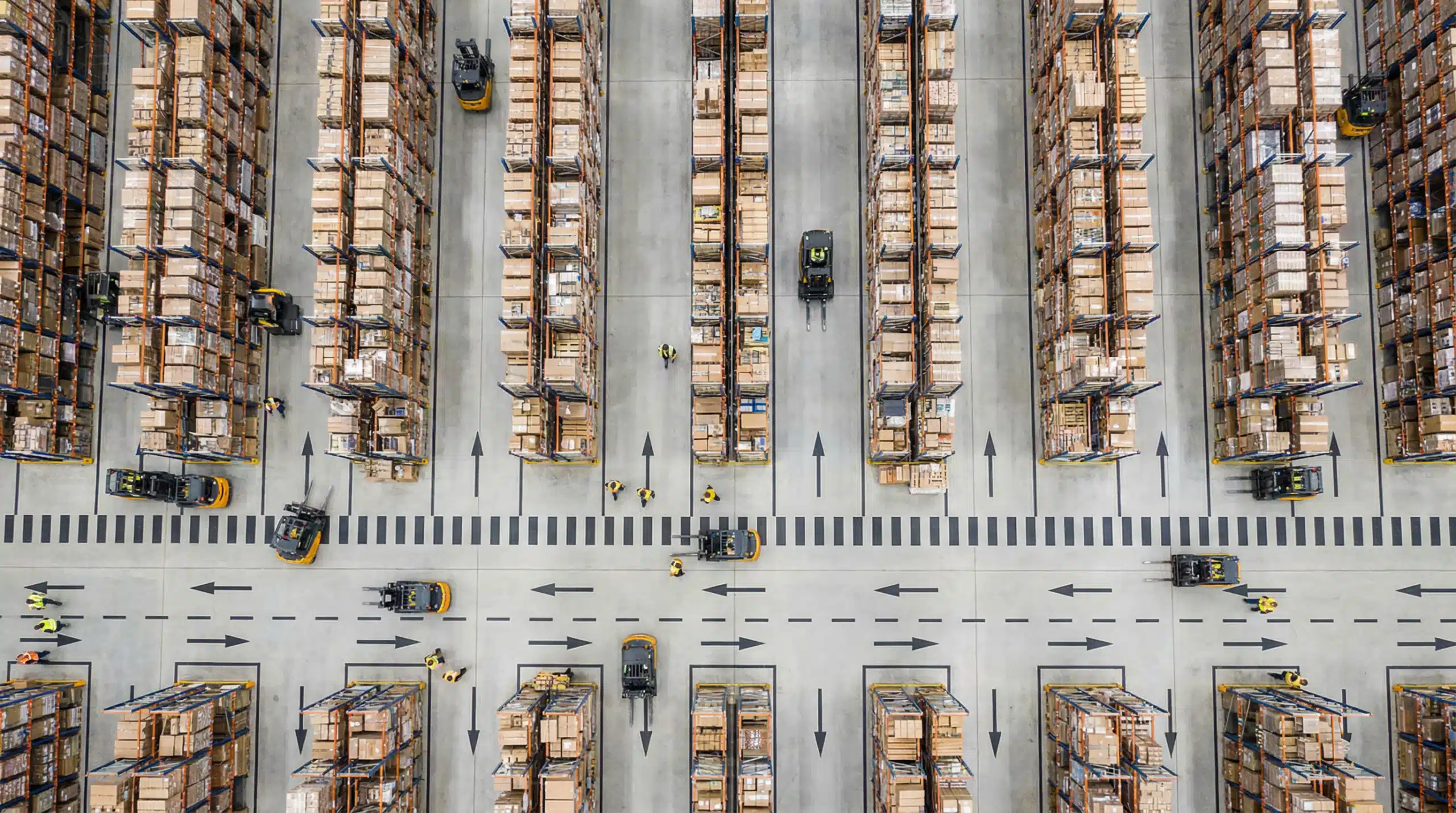 Aerial view of organized warehouse floor