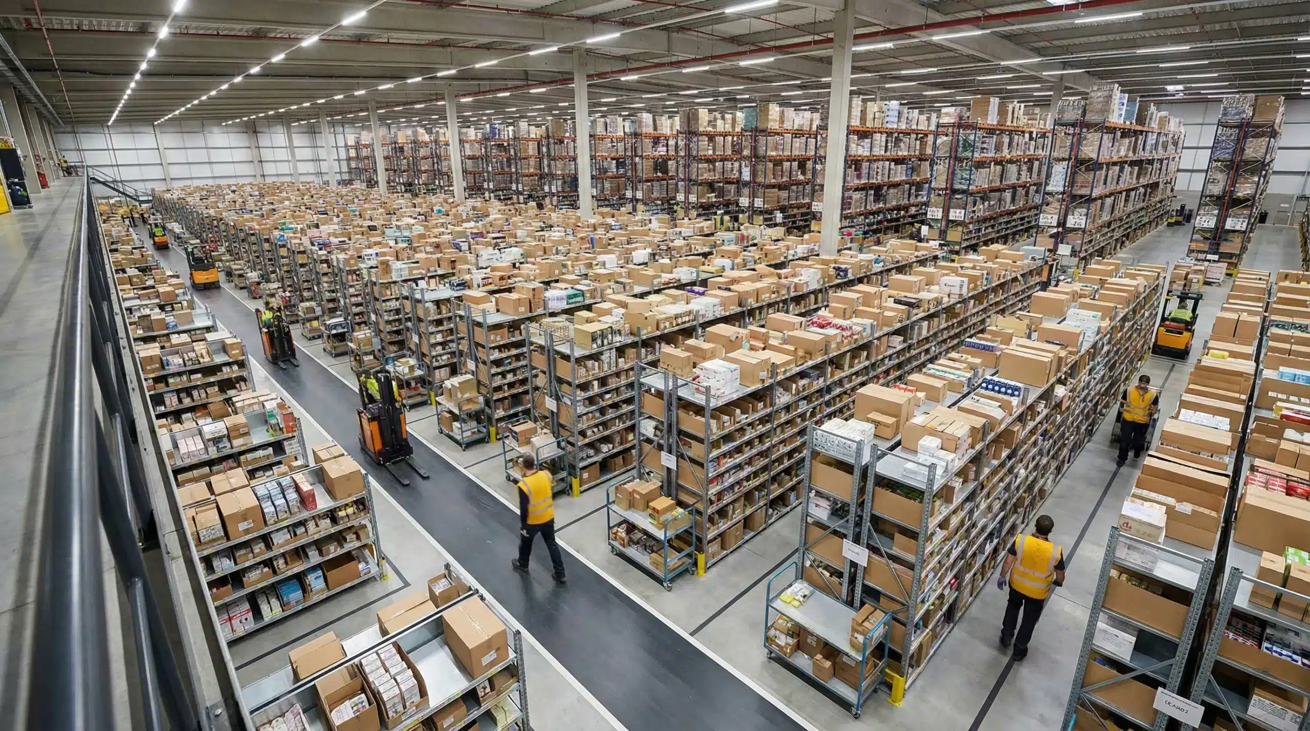 Wide shot of active distribution center floor