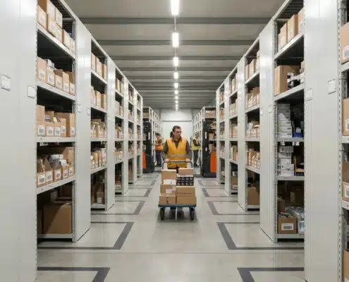 Warehouse aisle with barcode system