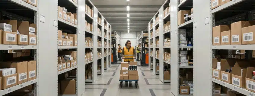 Warehouse aisle with barcode system