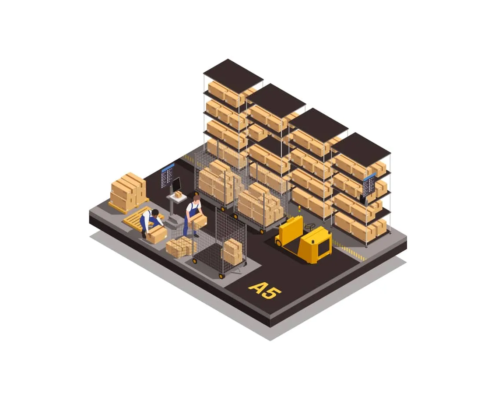 Isometric warehouse illustration showing automated inventory management and data systems integration