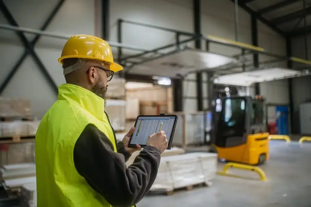 warehouse manager using wms tims integration software on tablet