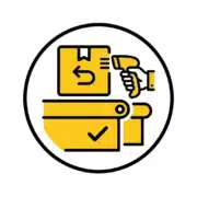 Returns Receiving and Check-In icon - yellow and black flat design