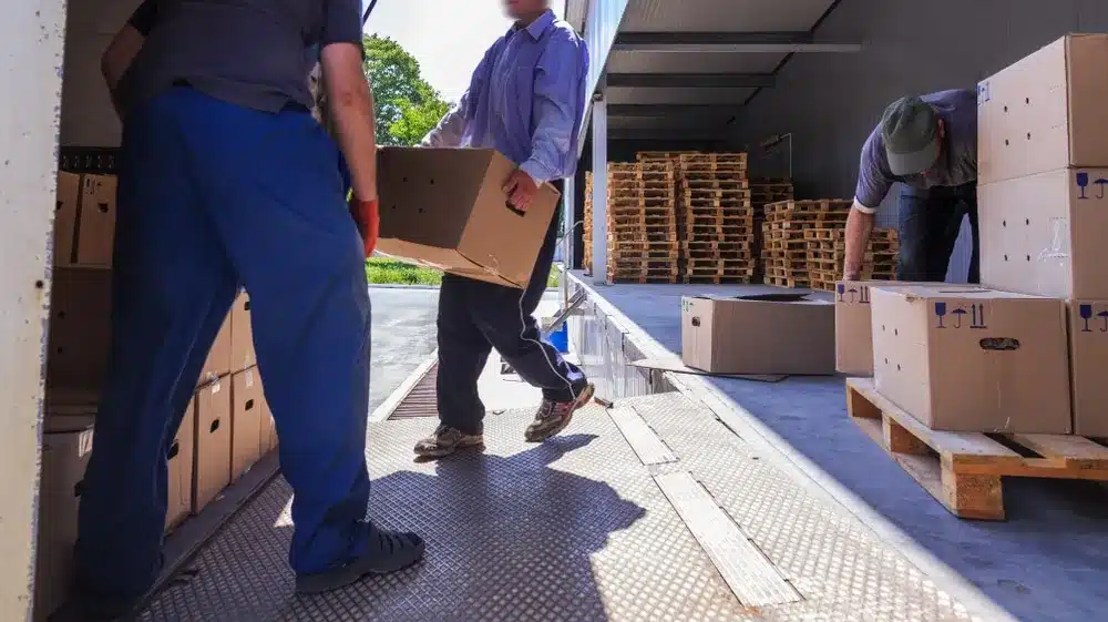 warehouse workers load boxes onto truck