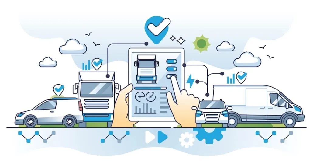 wms tms integration graphic with vehicles and software on tablet