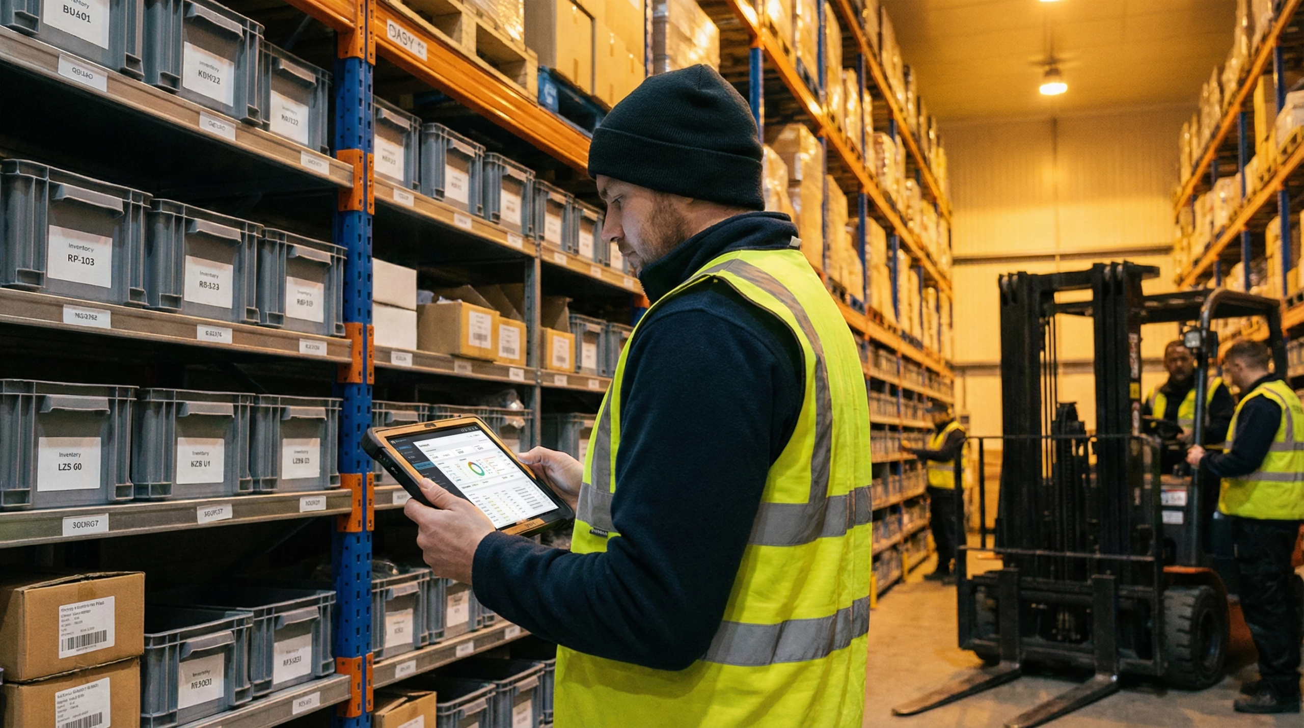 Worker analyzing inventory management system on tablet