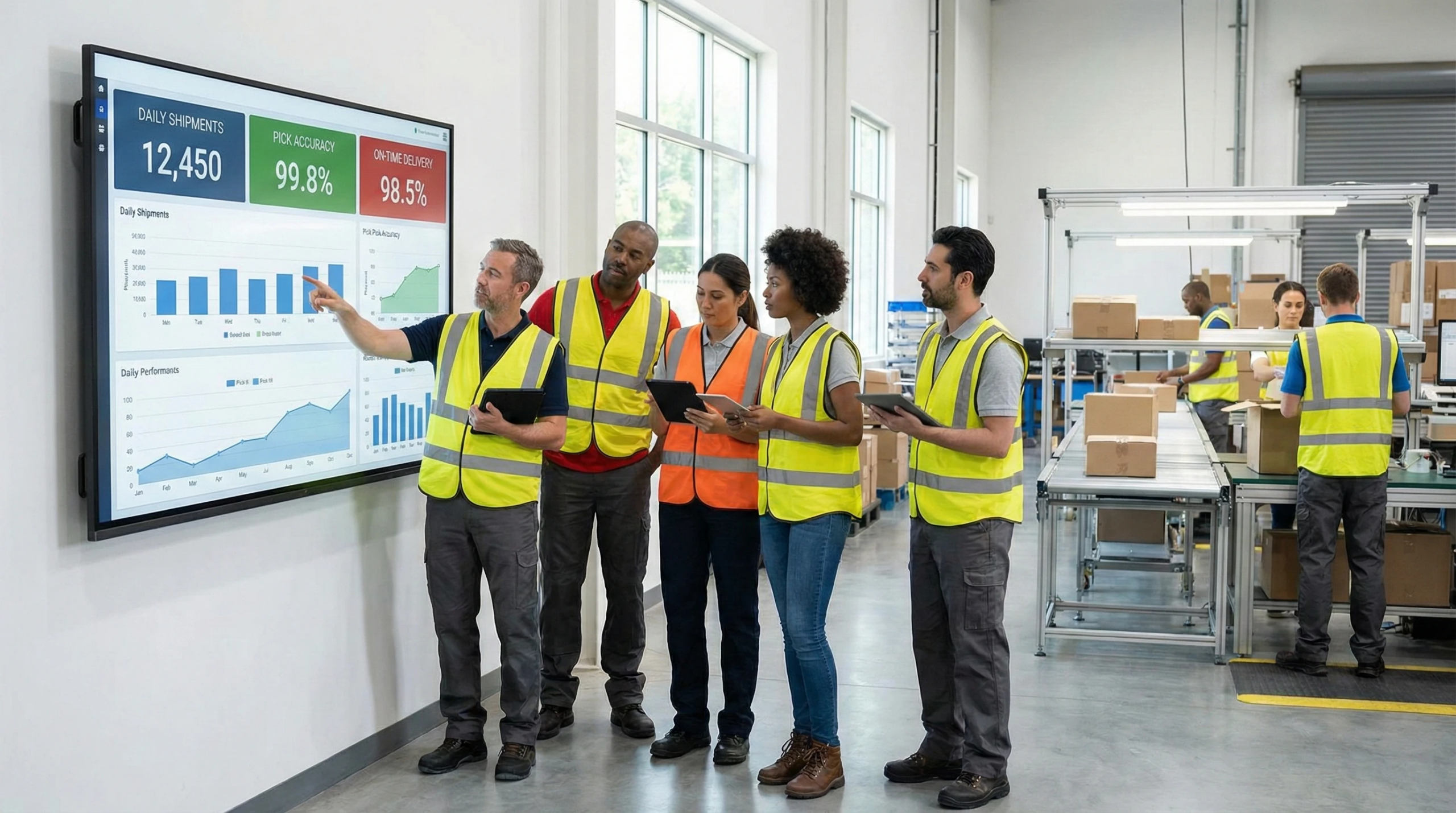 Warehouse team reviewing performance metrics dashboard