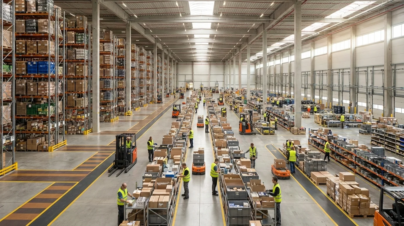 Wide shot of distribution center operations