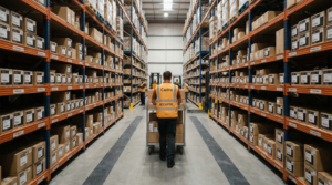 Warehouse aisle with worker pushing cart