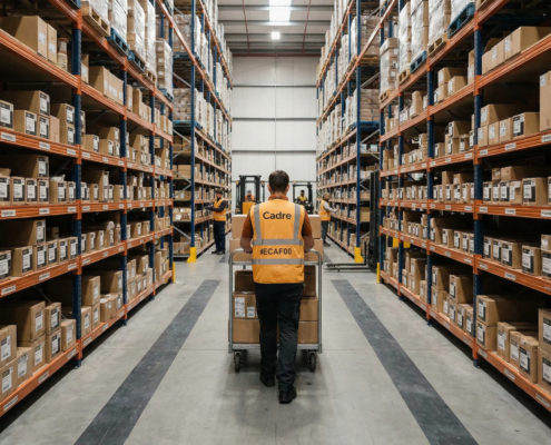 Warehouse aisle with worker pushing cart