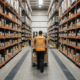 Warehouse aisle with worker pushing cart