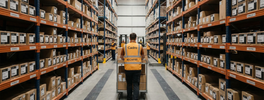 Warehouse aisle with worker pushing cart