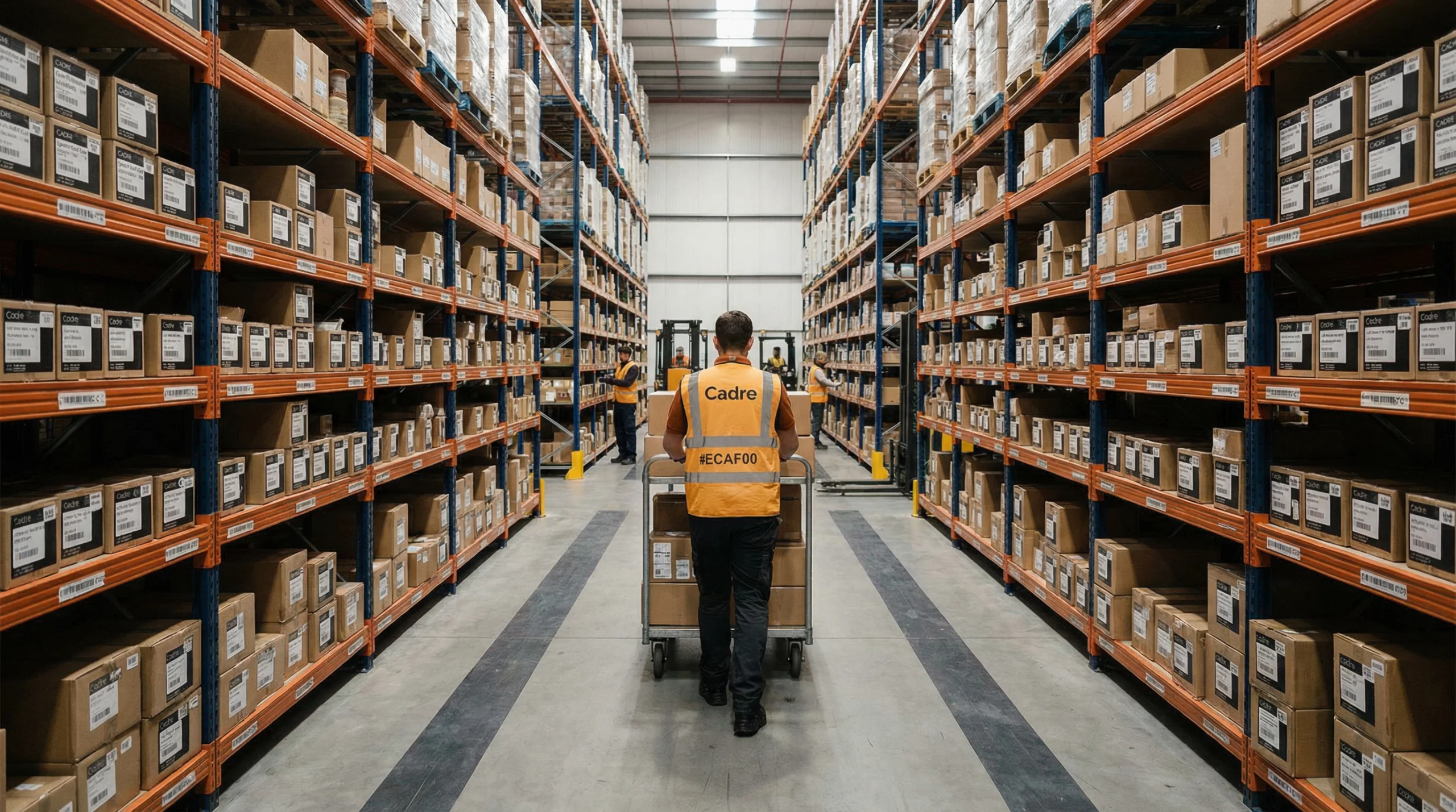 Warehouse aisle with worker pushing cart