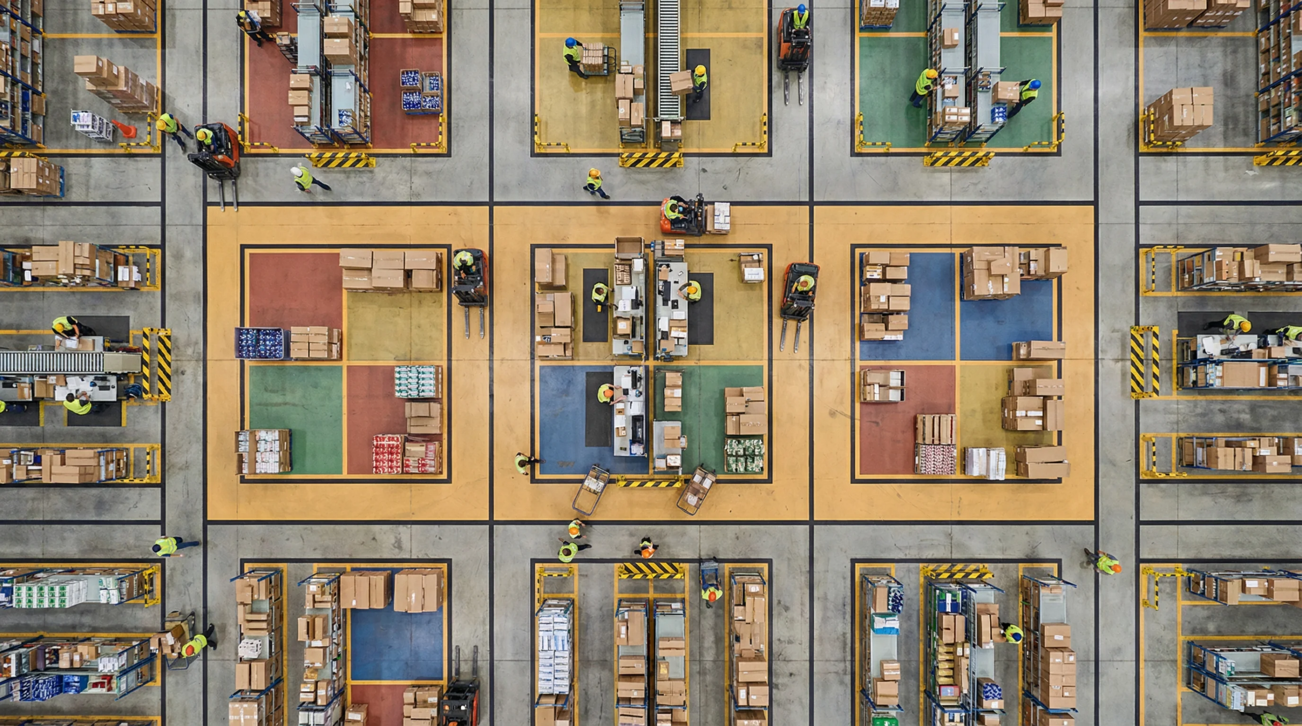 Aerial view of organized warehouse floor