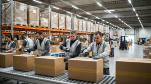 Warehouse dock with conveyor belts and pallets