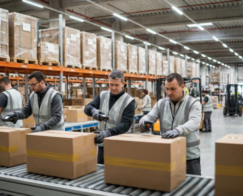Warehouse dock with conveyor belts and pallets